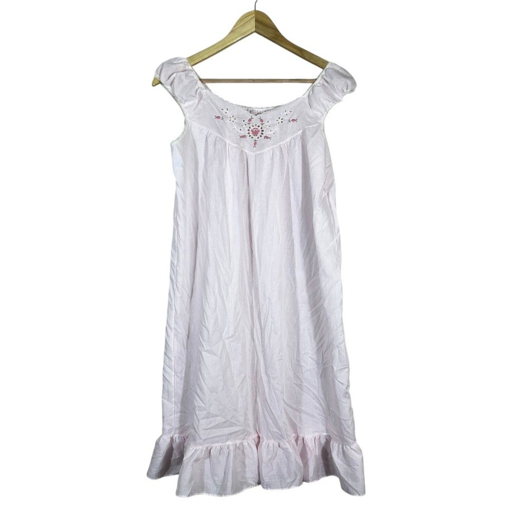Vintage Katz Floral Embroidered Eyelet Lace Nightgown Pink Cottagecore Size M